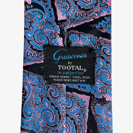 Vintage 60s Tootal Grosvenor Blue And Pink Paisley Print Polyester Tie Label - Casspios Dream