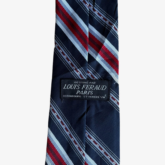 Vintage 70s Louis Feraud Paris Red & Navy Striped Silk Tie Label - Casspios Dream