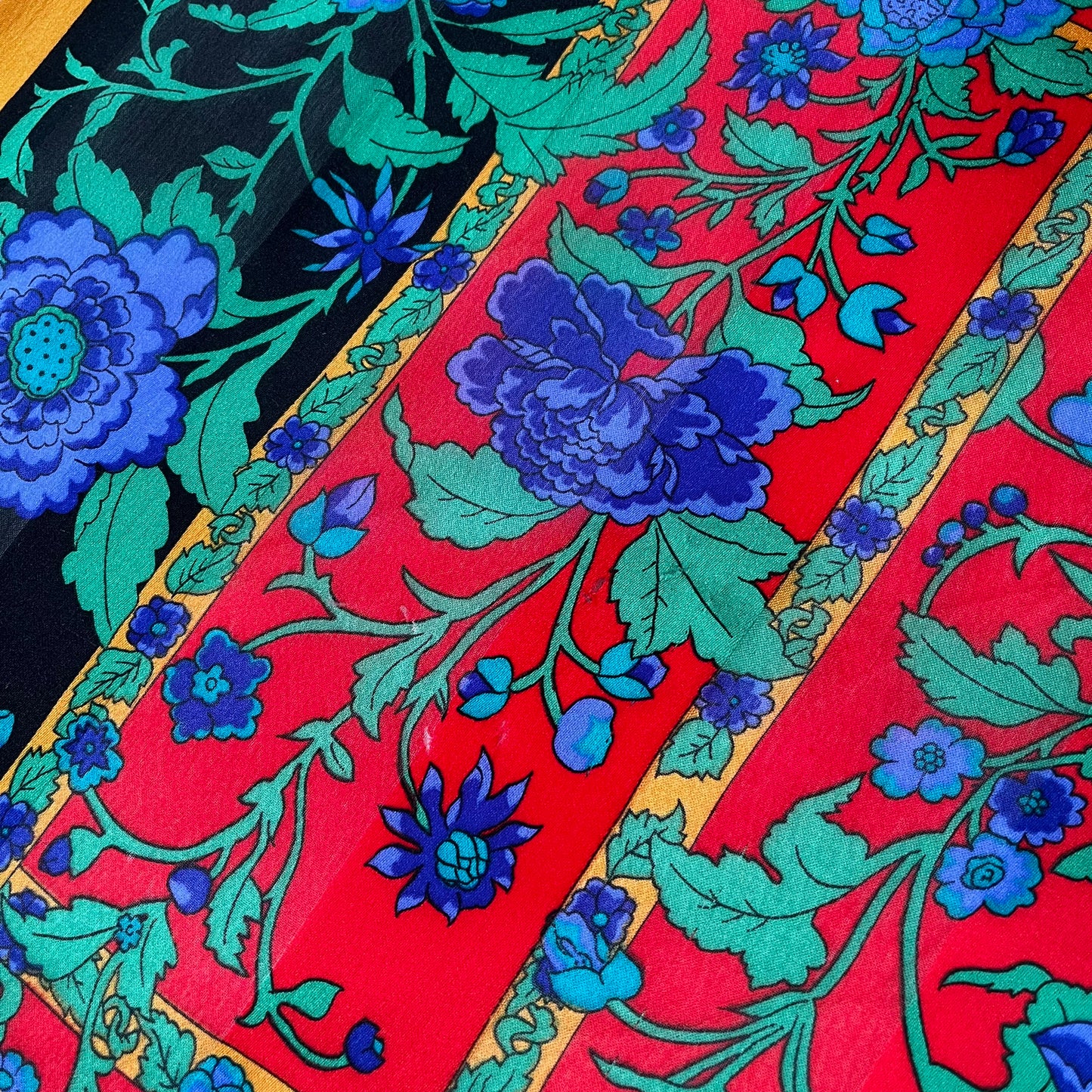 Vintage 80s Blue And Green Floral Print Silk Scarf Marks - Casspios Dream