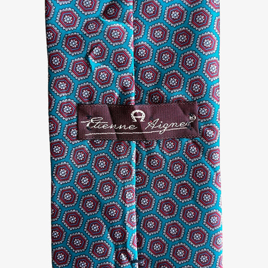 Vintage 80s Etenne Aigner Geometric Print Blue Silk Tie Label - Casspios Dream