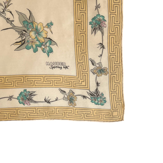 Vintage 80s Hauber Sporting Life Bird Floral Print Yellow Silk Scarf Logo - Casspios Dream