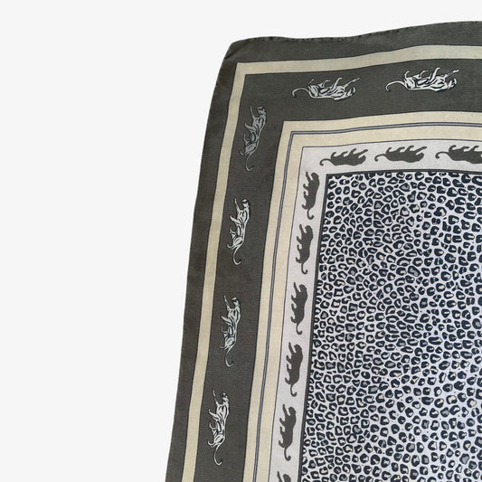 Vintage 80s Jaguar Print Green Silk Scarf Corner - Casspios Dream