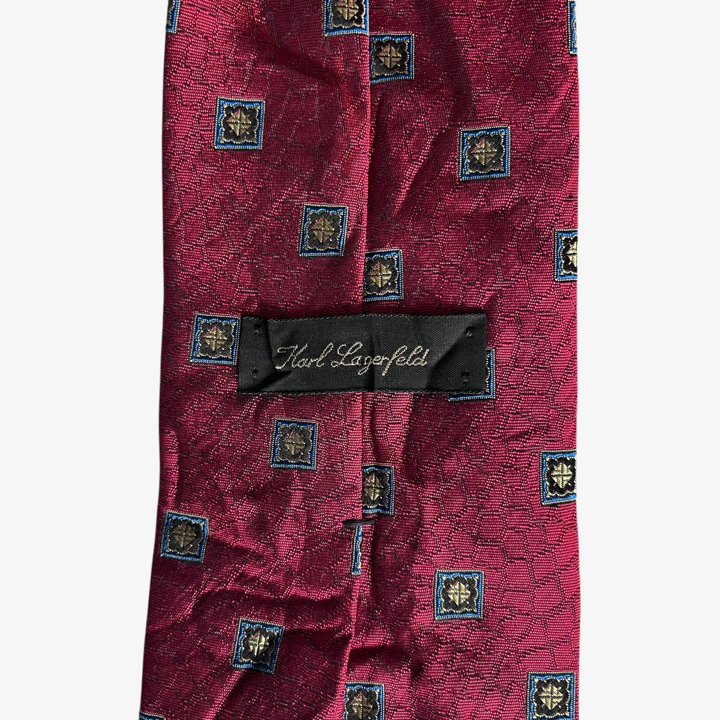 Vintage 80s Karl Lagerfeld Geometric Square Print Red Snake Scale Silk Tie Label - Casspios Dream