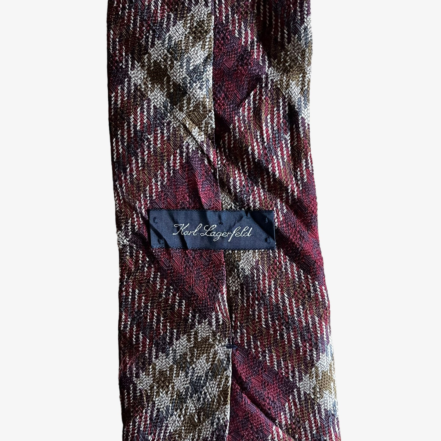 Vintage 80s Karl Largerfeld Houndstooth Tartan Print Silk Tie Label - Casspios Dream