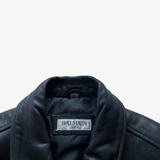 Vintage 80s Mens Balmain Paris Black Leather Jacket Label - Casspios Dream
