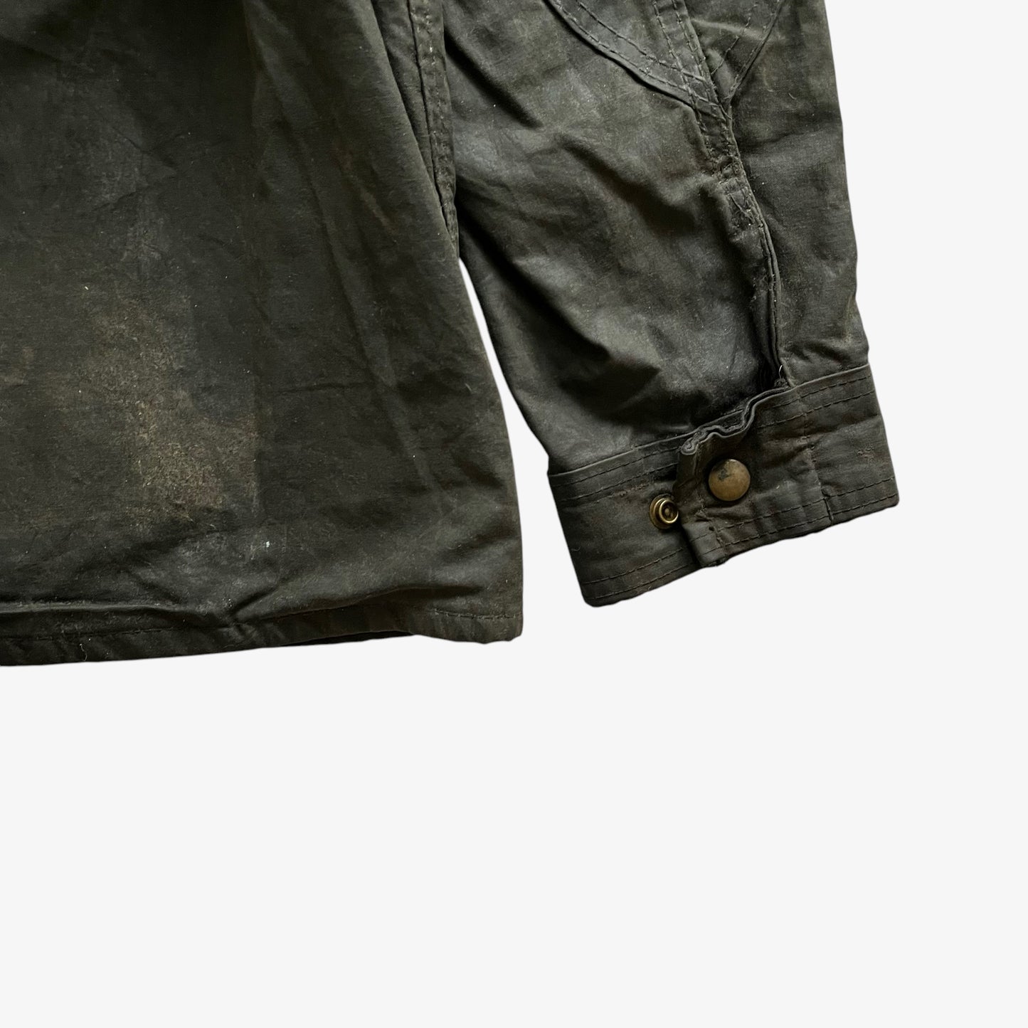 Vintage 80s Mens Belstaff Road Master II Waxed Khaki Jacket Cuff Wear - Casspios Dream