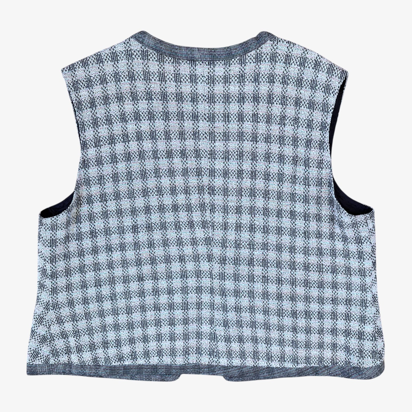 Back of vintage 80s men's colourful checkered patterned wool blend waistcoat.