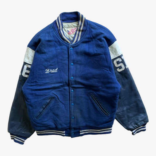 Vintage 80s Mens Ripon Hanover Area Football Leather & Wool Blue Varsity Jacket - Casspios Dream