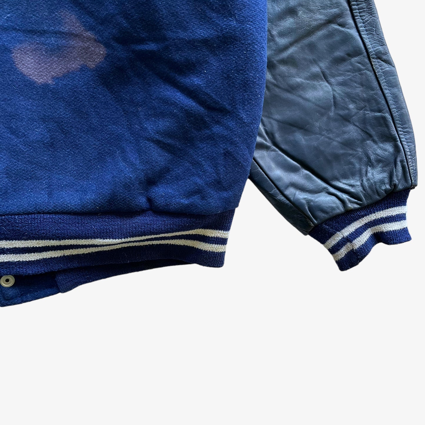 Vintage 80s Mens Ripon Hanover Area Football Leather & Wool Blue Varsity Jacket Mark - Casspios Dream