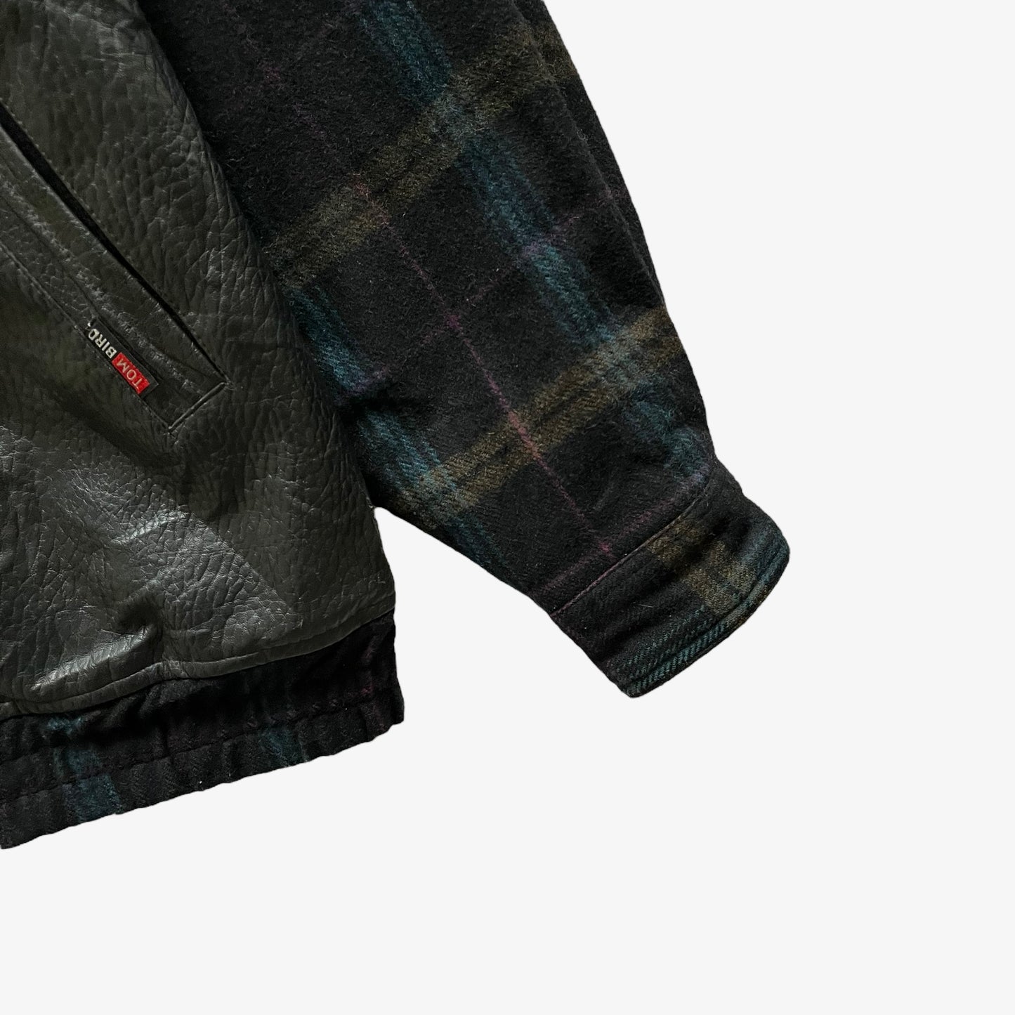 Vintage 80s Mens Tom Bird Tartan And Black Leather Pilot Jacket With Faux Fur Collar Cuff - Casspios Dream