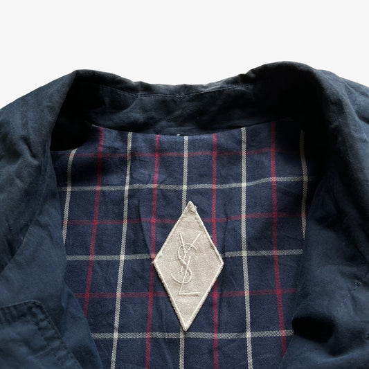Vintage 80s Mens Yves Saint Laurent YSL Navy Trench Coat Logo - Casspios Dream