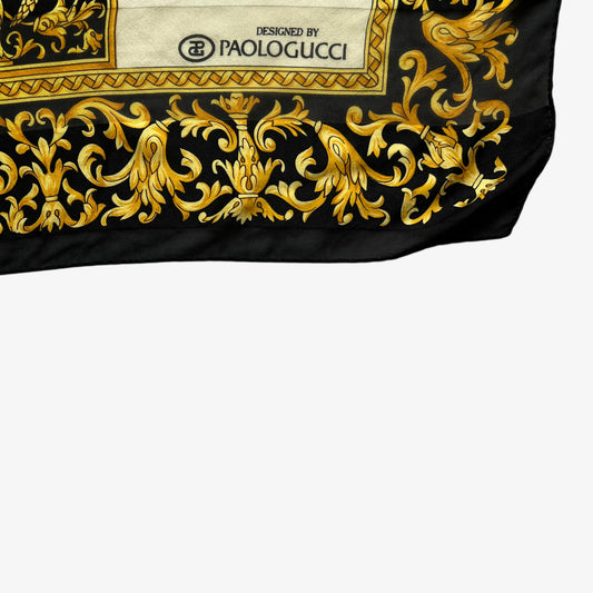 Paolo Gucci spell out logo on women's vintage 90s baroque trophy checkered print silk scarf.