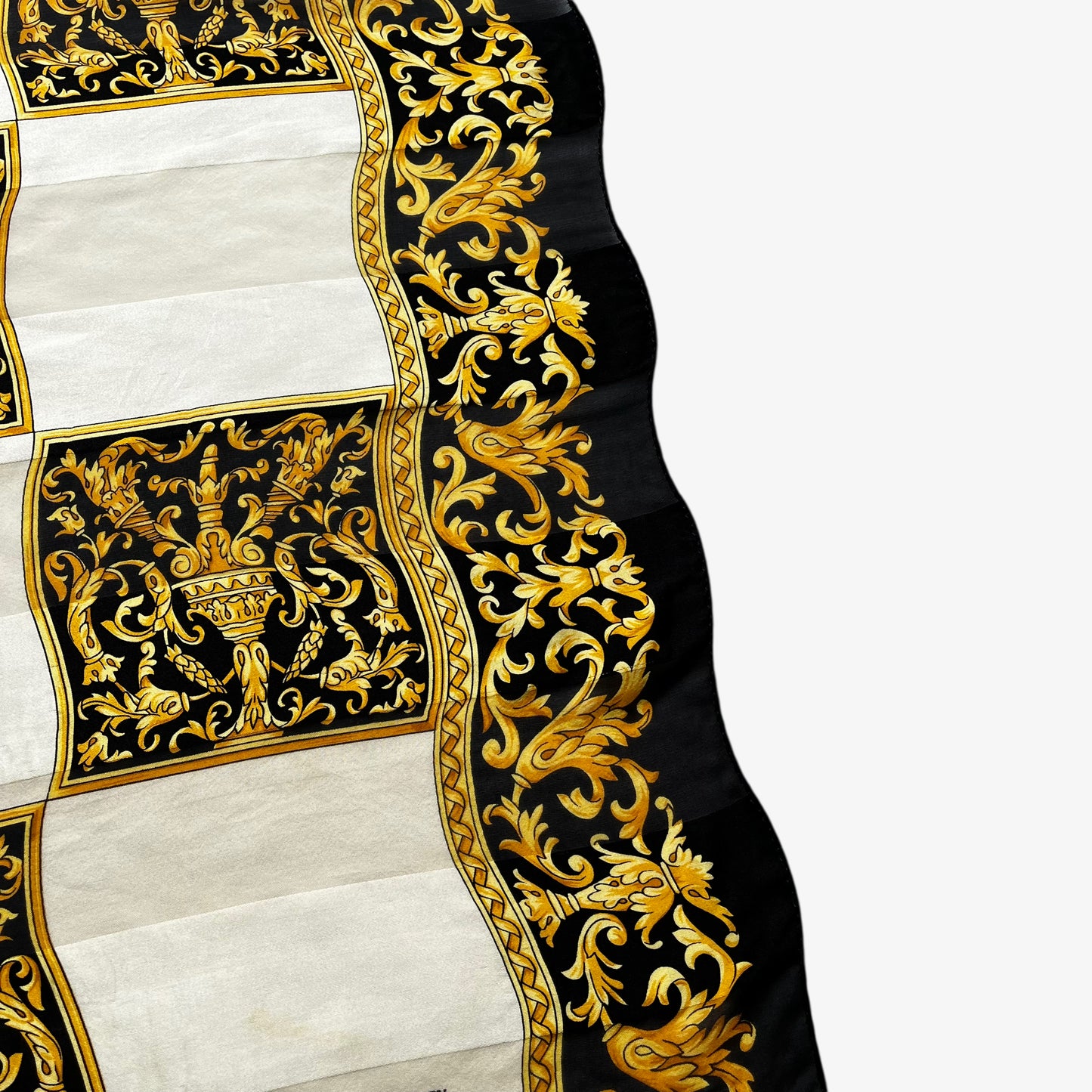 Royal pattern on women's vintage 90s Paolo Gucci baroque trophy checkered print silk scarf.