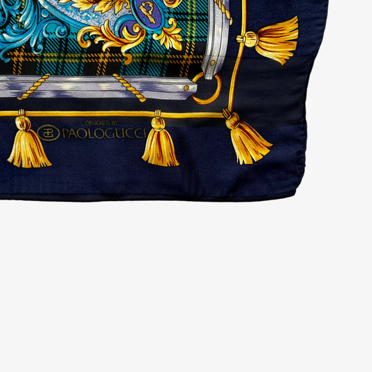Paolo Gucci spell out logo on vintage 80s equestrian horse racing and tartan print blue silk scarf.