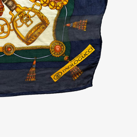 Paolo Gucci spell out logo on women's vintage 90s equestrian saddle and horsebit print silk scarf.