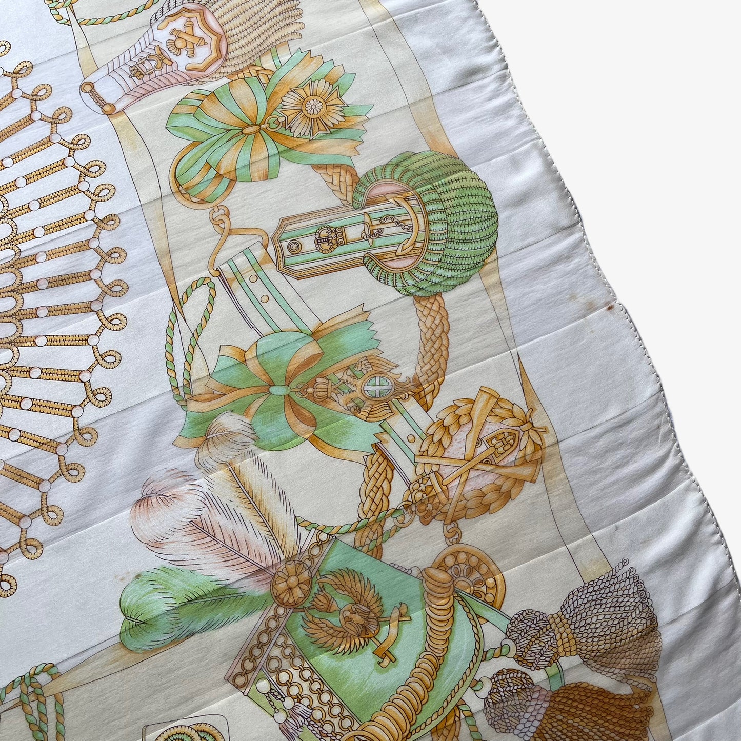 Patina on vintage 80s women's Paolo Gucci Sam Whan royal rope print striped silk scarf.