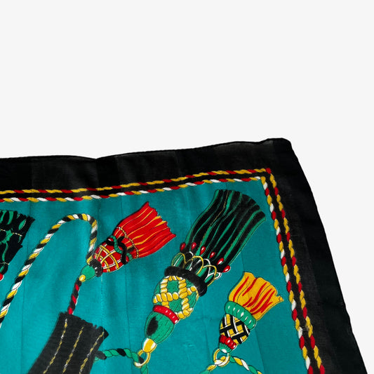 Vintage 80s Tangled Tassel Print Blue Silk Scarf Corner - Casspios Dream