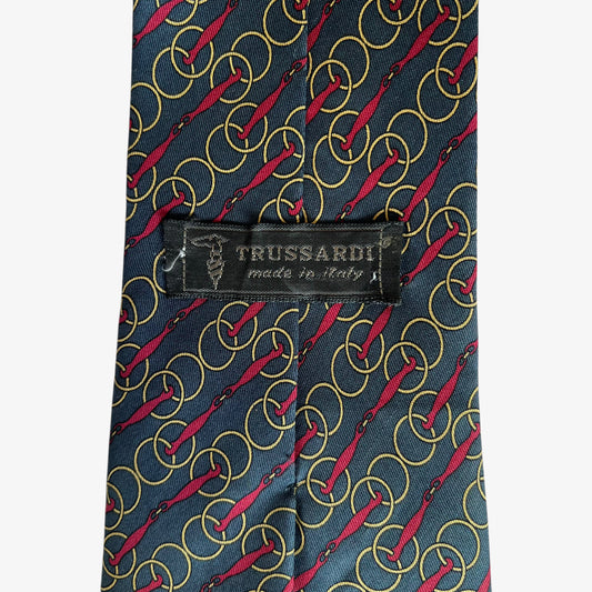Vintage 80s Trussardi Chain Link And Floral Print Navy Silk Tie Label - Casspios Dream