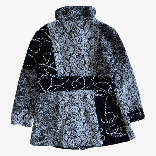 Vintage 80s Womens Black And White Abstract Patchwork Print Wool Coat Back - Casspios Dream