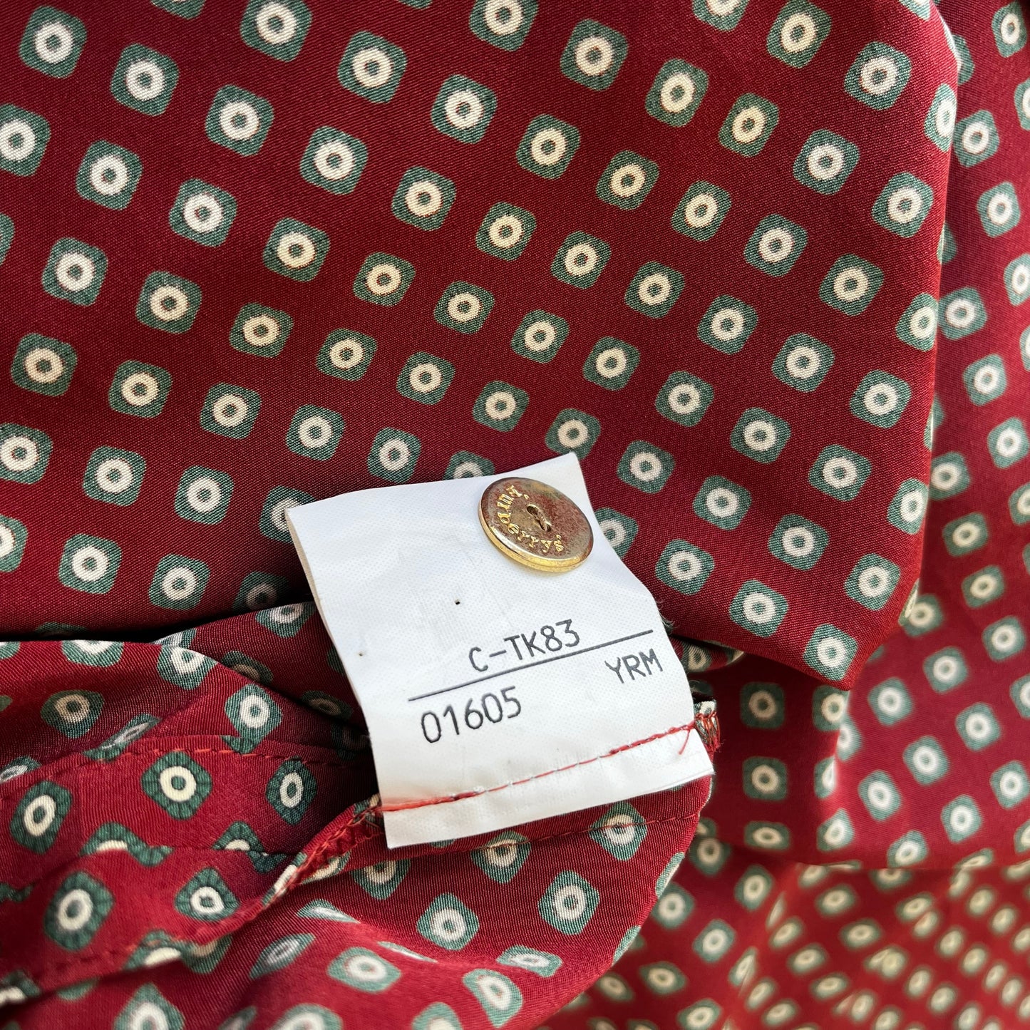 Vintage 80s Womens Burberry Geometric Print Red Shirt With Shoulder Pads Inside Label - Casspios Dream