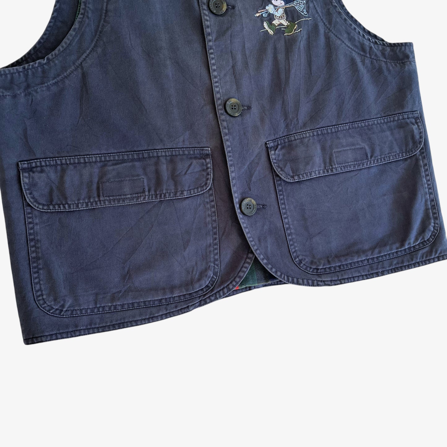 Vintage 80s Womens Donaldson Disney Mickey Mouse Fishing Embroidered Faded Navy Gilet Hem - Casspios Dream