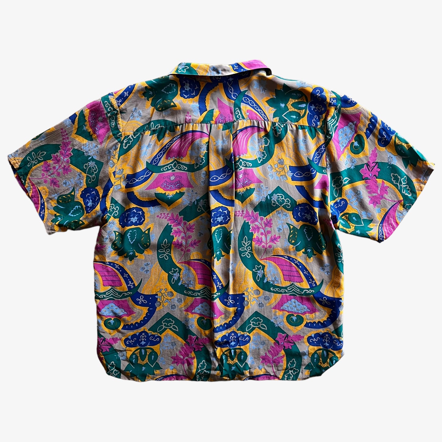 Vintage 80s Womens Equipe Abstract Floral Print Short Sleeve Silk Shirt Back - Casspios Dream