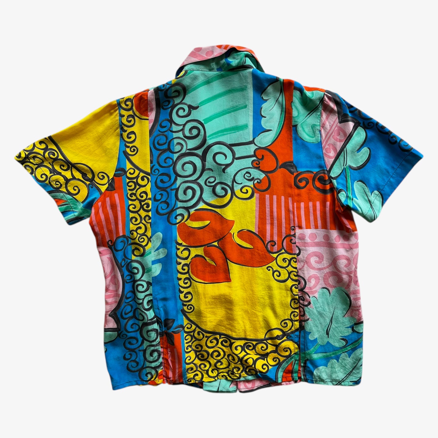 Vintage 80s Womens Louis Feraud Abstract Floral Print Short Sleeve Silk Shirt Back - Casspios Dream