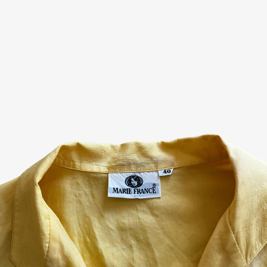 Vintage 80s Womens Marie France Yellow Short Sleeve Silk Shirt Label - Casspios Dream