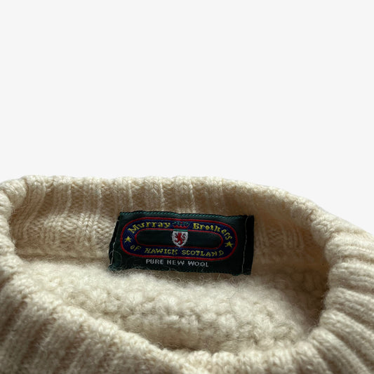 Vintage 80s Womens Murray Brothers Of Hawick Scotland Cream Pure New Wool Cable Knit Cardigan Label - Casspios Dream