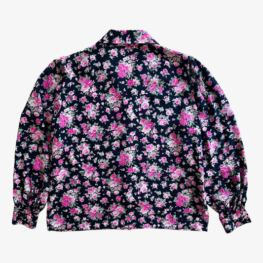 Vintage 80s Womens Pink Floral Print Long Sleeve Black Silk Shirt Back - Casspios Dream