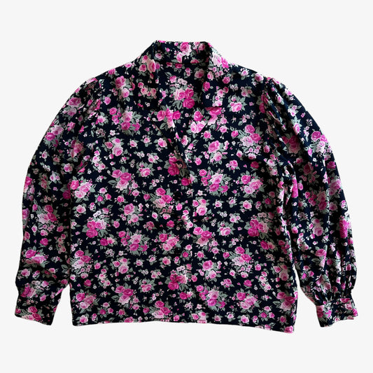 Vintage 80s Womens Pink Floral Print Long Sleeve Black Silk Shirt - Casspios Dream