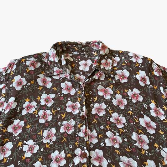 Vintage 80s Womens Pink Floral Print Short Sleeve Brown Viscose Shirt With Shoulder Pads Retro - Casspios Dream