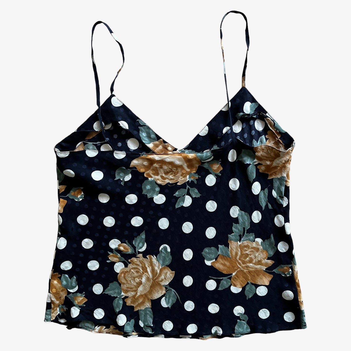 Vintage 80s Womens Polka Dot And Floral Print Black Silk Top Back - Casspios Dream