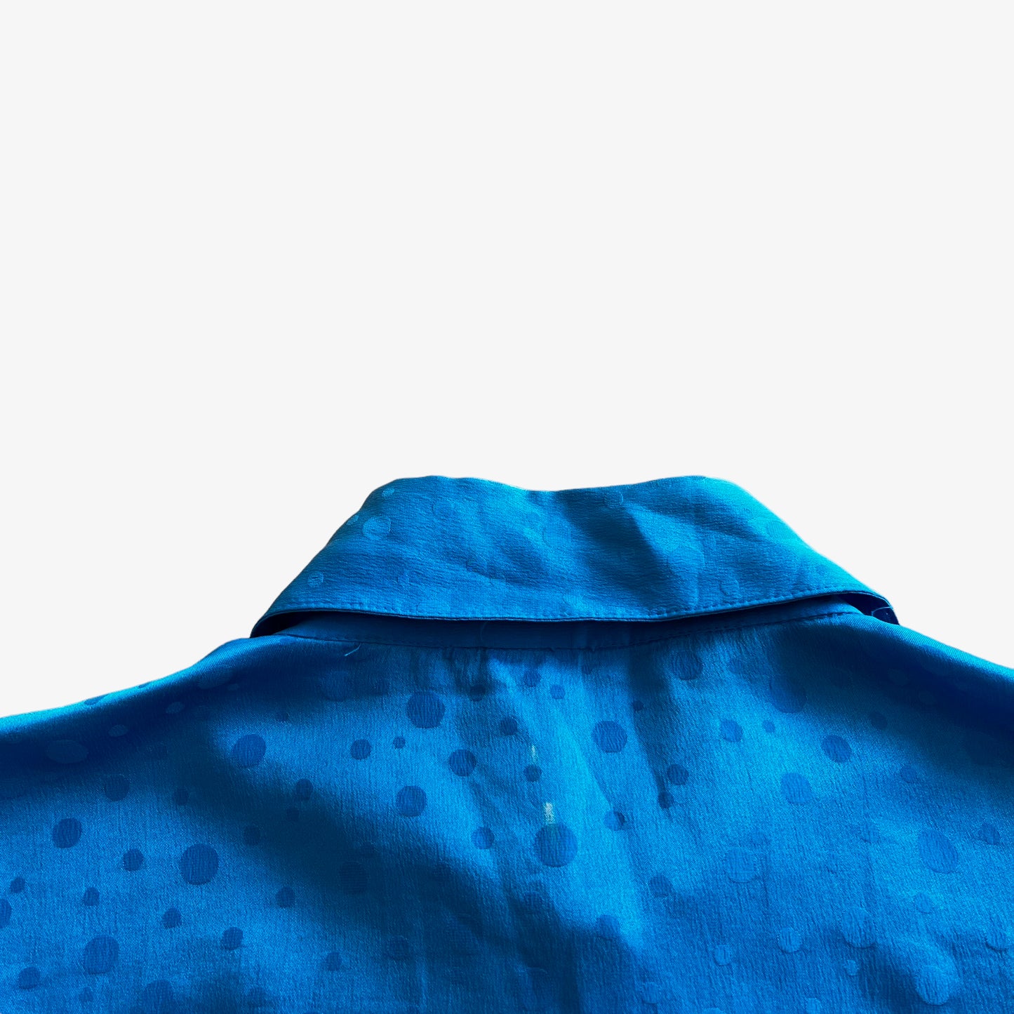 Vintage 80s Womens Polka Dot Print Long Sleeve Blue Silk Pussy Bow Shirt Collar - Casspios Dream