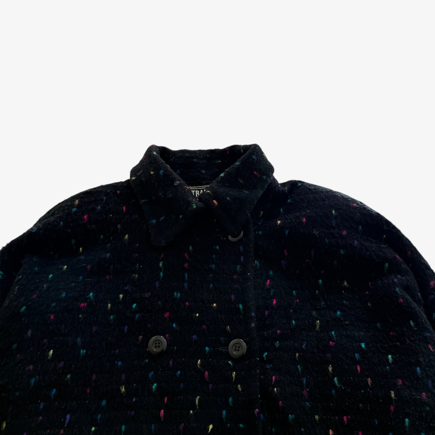 Vintage 80s Womens Portrait Colourful Patterned Black Wool Double Breasted Coat Collar - Casspios Dream