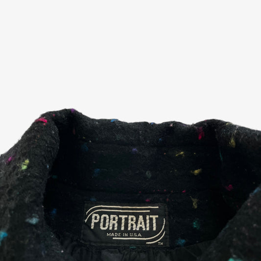 Vintage 80s Womens Portrait Colourful Patterned Black Wool Double Breasted Coat Label - Casspios Dream