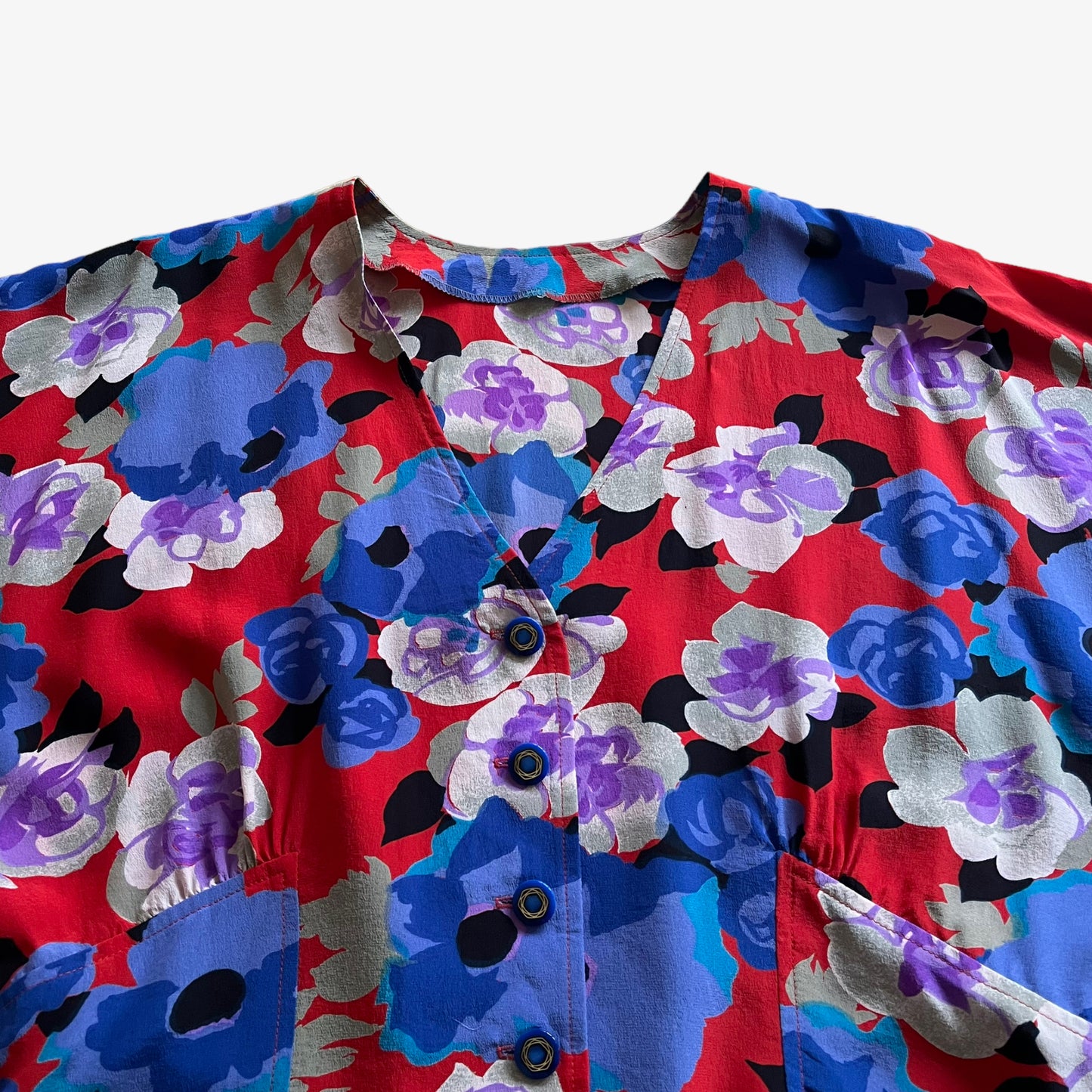 Vintage 80s Womens Purple And Navy Floral Print Red Silk Blouse Pattern - Casspios Dream