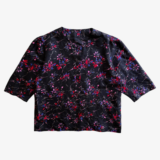 Vintage 80s Womens Red & Purple Floral Print Short Sleeve Black Silk Blouse - Casspios Dream