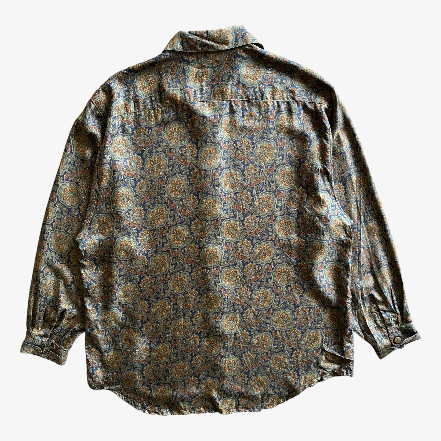 Vintage 80s Womens Via Leopardi 10 Paisley Print Long Sleeve Silk Shirt Back - Casspios Dream