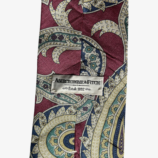 Vintage 90s Abercrombie And Fitch Abstract Paisley Print Red Silk Tie Label - Casspios Dream