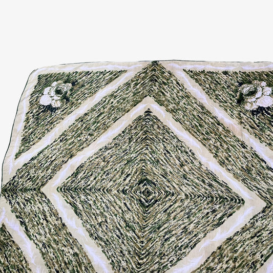 Vintage 90s Abstract Floral Oil Painting Print Green Silk Scarf Geometric - Casspios Dream