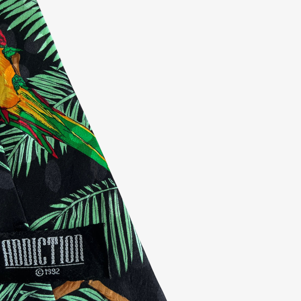 Vintage 90s Addiction 1992 Parrot Rainforest Print Black Silk Tie Tag - Casspios Dream
