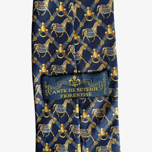 Vintage 90s Antiche Seterie Fiorentine Geometric Equestrian Horsebit Print Navy Silk Tie Label - Casspios Dream