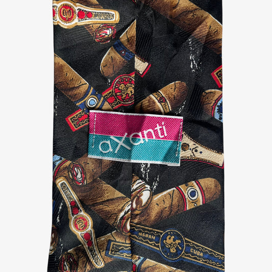 Vintage 90s Axanti Smoking Cigar Print Black Polyester Tie Label - Casspios Dream