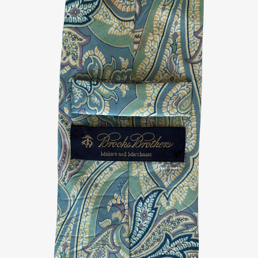 Vintage 90s Brooks Brothers Blue And Green Paisley Print Silk Tie Label - Casspios Dream