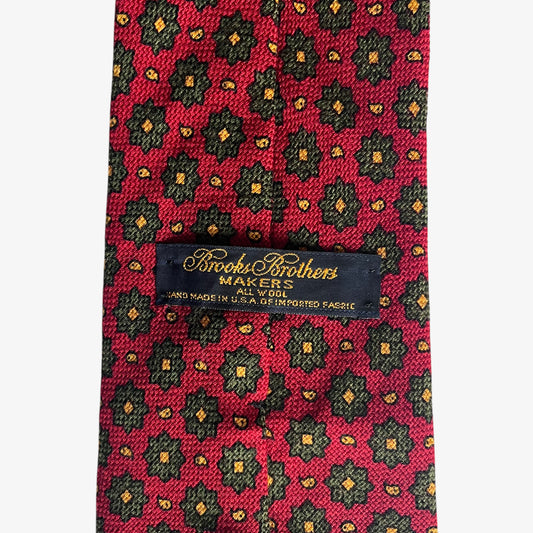 Vintage 90s Brooks Brothers Makers Abstract Geometric Floral Print Red Wool Tie Label - Casspios Dream