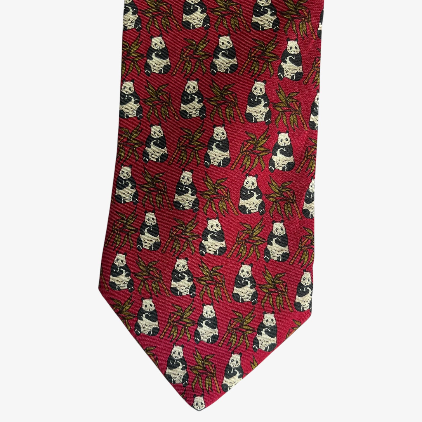Vintage 90s Brooks Brothers Makers Geometric Panda And Bamboo Shoot Print Red Silk Tie Novelty - Casspios Dream