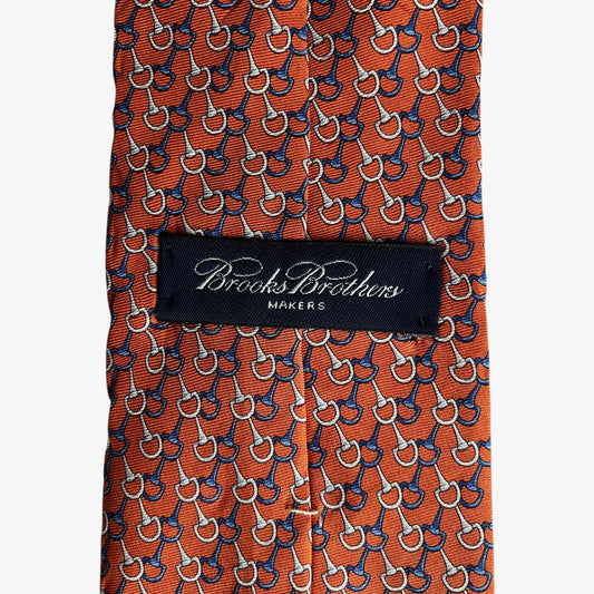 Vintage 90s Brooks Brothers Makers Horsebit Print Orange Silk Tie Label - Casspios Dream