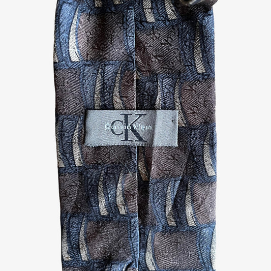 Vintage 90s Calvin Klein Abstract Print Brown Silk Tie Label - Casspios Dream