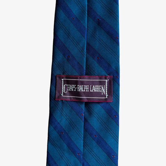 Label of vintage 90s Chaps Ralph Lauren green and blue striped silk blend tie.
